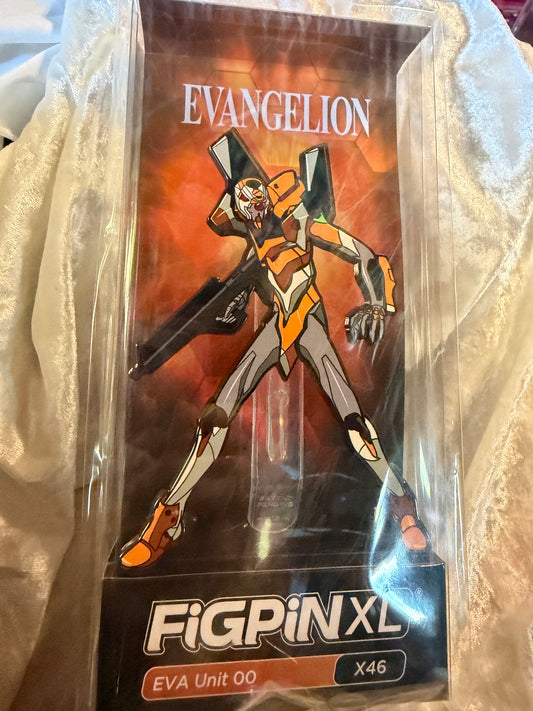EVA Unit 00 FiGPiN XL #X46 Neon Genesis Evangelion 6.25-inch premium enamel pin in soft plastic display box with character art card