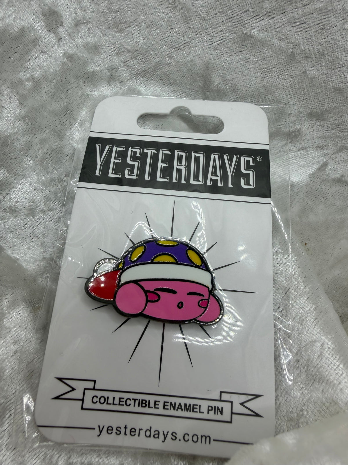 Fan made by Yesterdays Pins 1.25 inch hard enamel silver plated lapel pin Sleepy Kirby black rubber backer