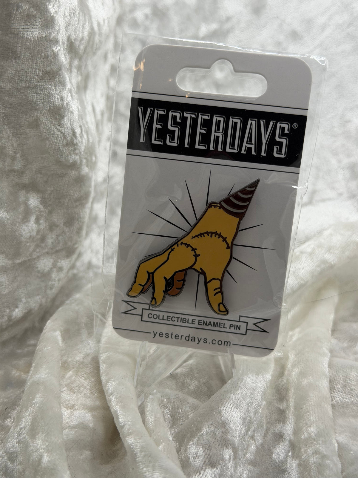 Fan made by Yesterdays Pins 1.70 inch soft enamel gun metal plated glitter filled lapel pin Party Thing from Netflix Wednesday dual post black rubber backers