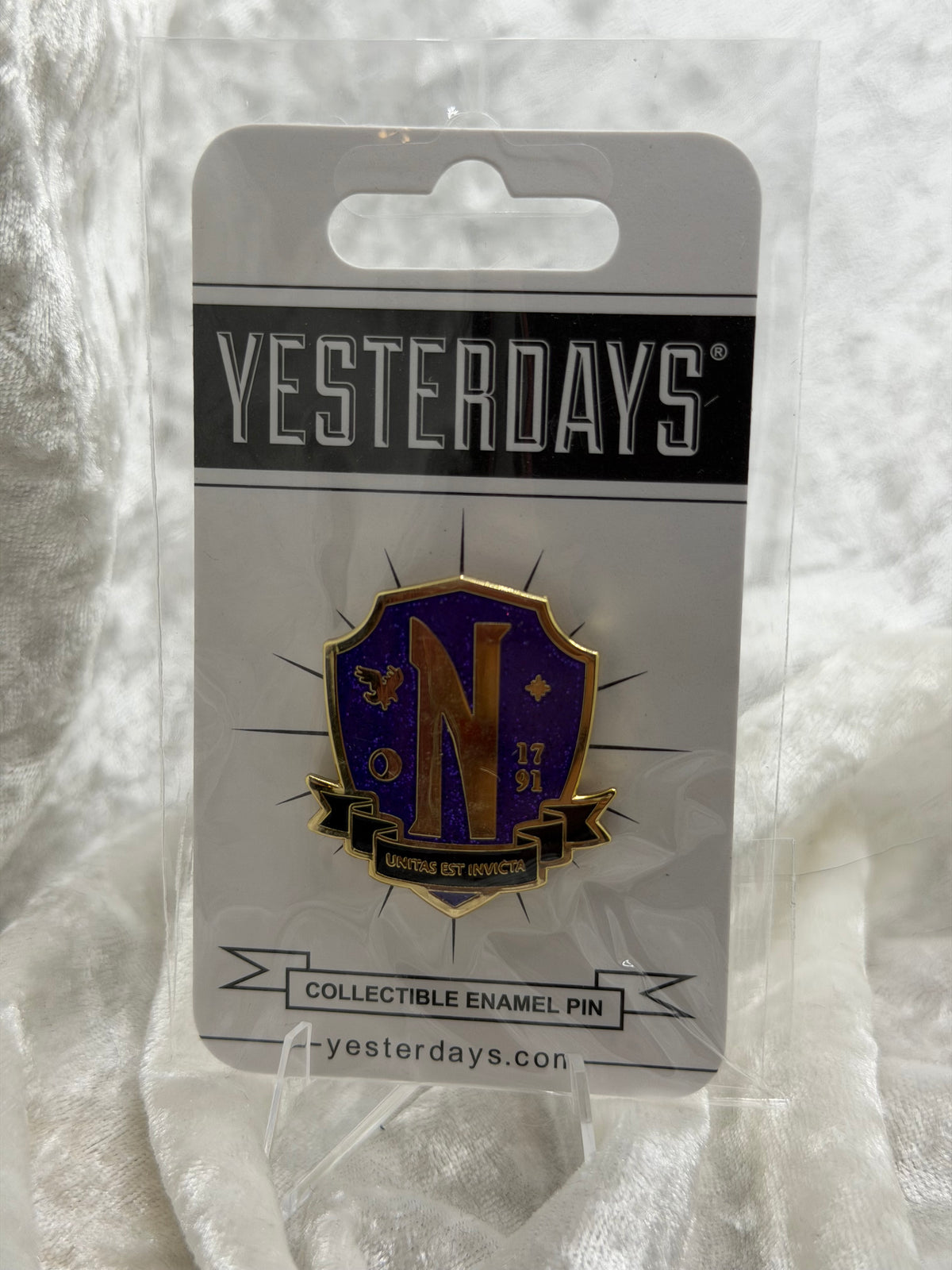 Fan made by Yesterdays Pins SDCC 2024 online exclusive 1.25 inch hard enamel silver plated lapel pin Nevermore Academy Glitter Edition from Netflix Wednesday black rubber backer