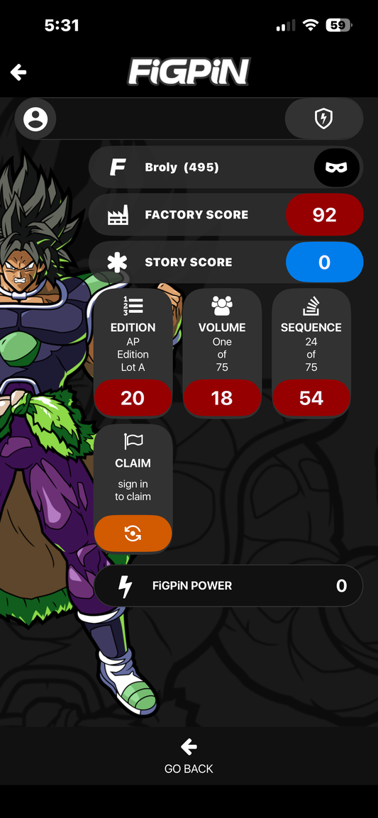 FiGPiN Broly #495 AP ARTIST PROOF Dragonball Fighter Z Metal Pin