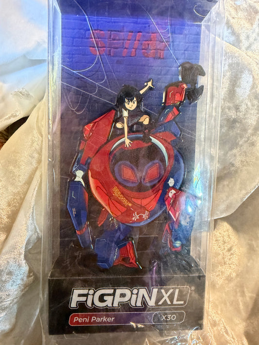 Peni Parker FiGPiN XL #X30 Spider-Man Into the Spider-Verse 6.25-inch metal enamel pin in soft plastic display box with character art card