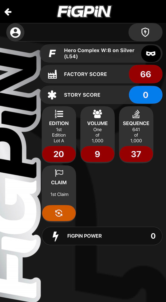 Screenshot of FiGPiN app interface showing serial number entry and pin verification for FiGPiN Logo L54