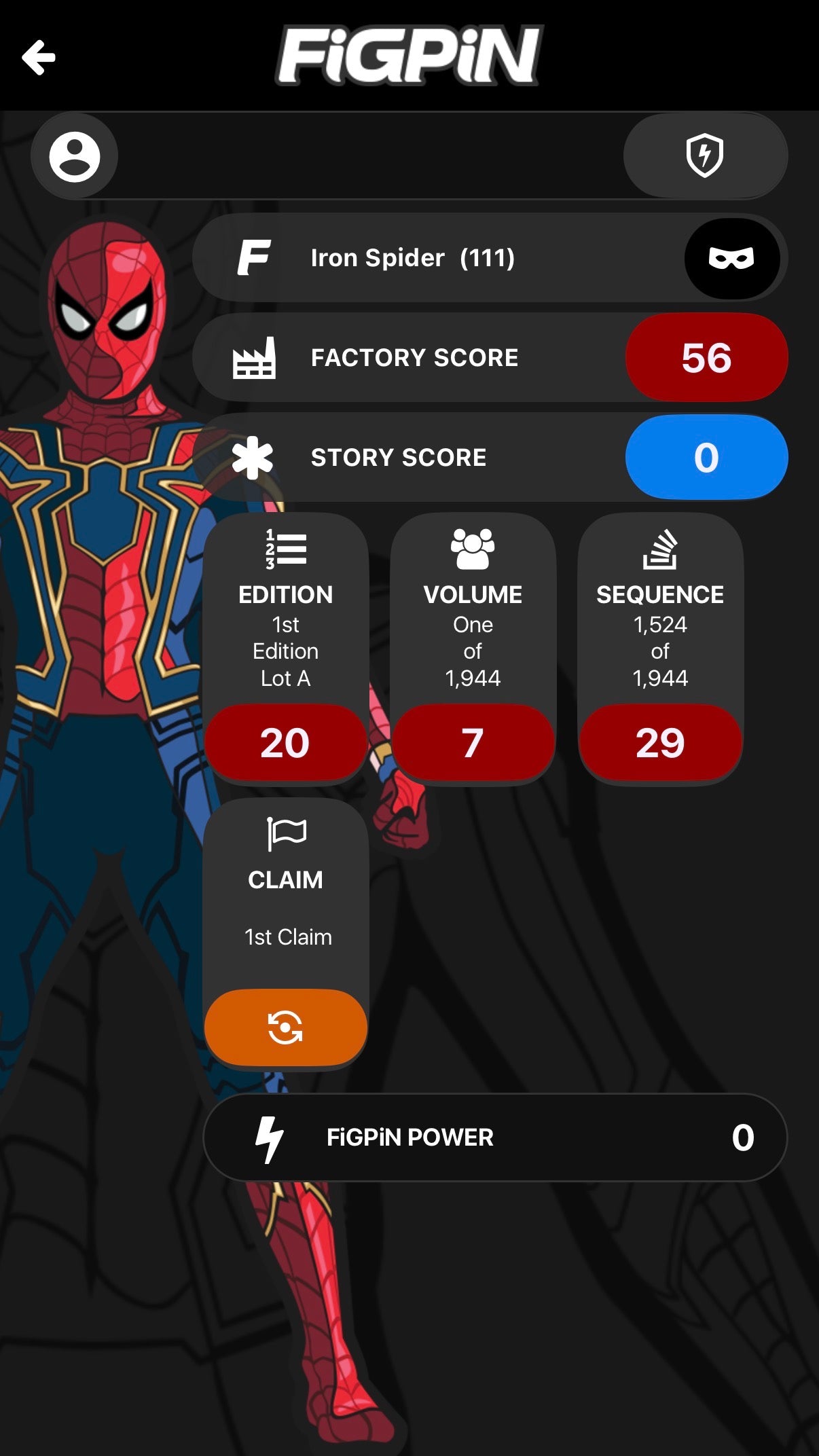 Screenshot of FiGPiN app interface showing serial number entry and pin verification for Iron Spider #111