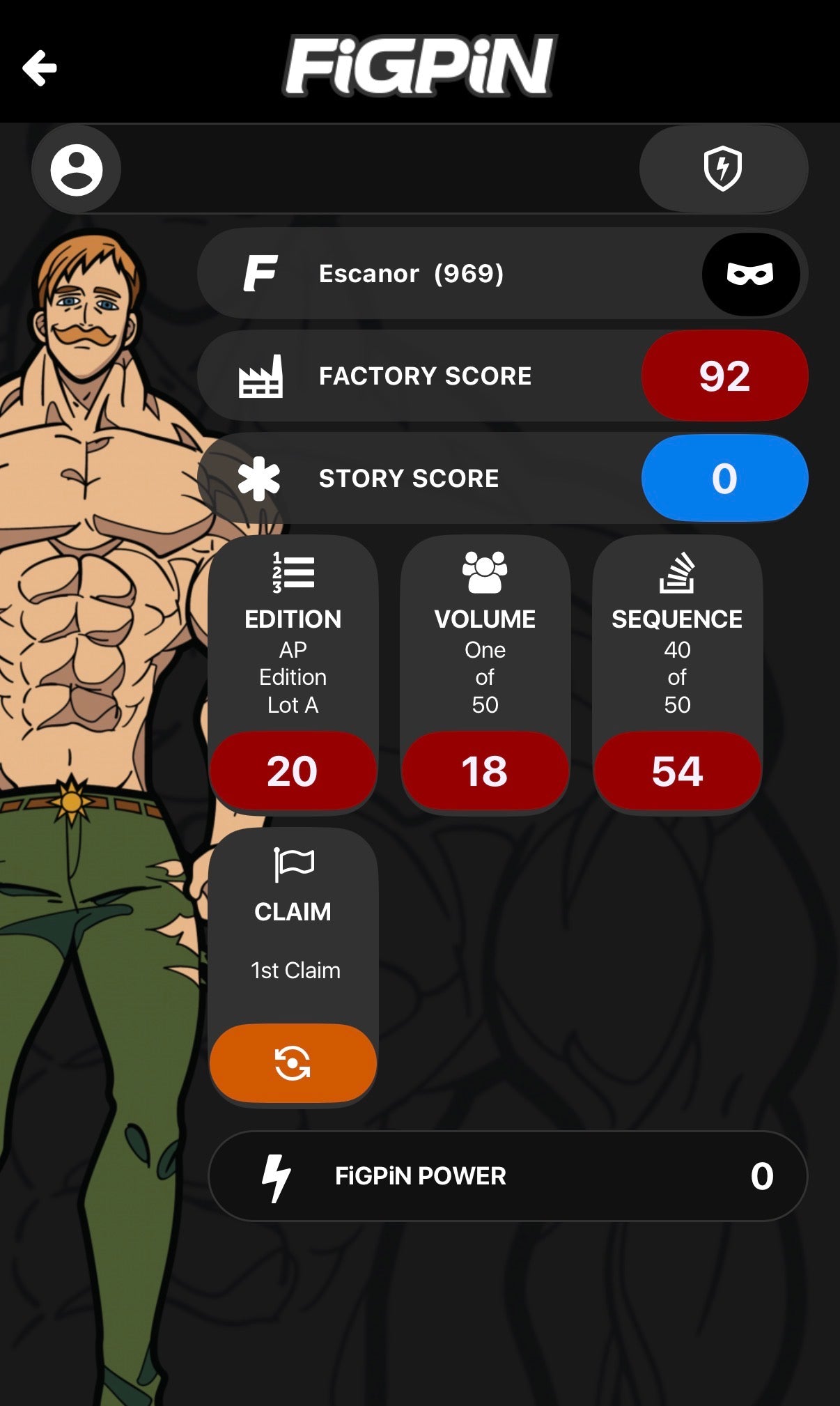 Screenshot of FiGPiN app interface showing serial number entry for Escanor #969 Artist Proof