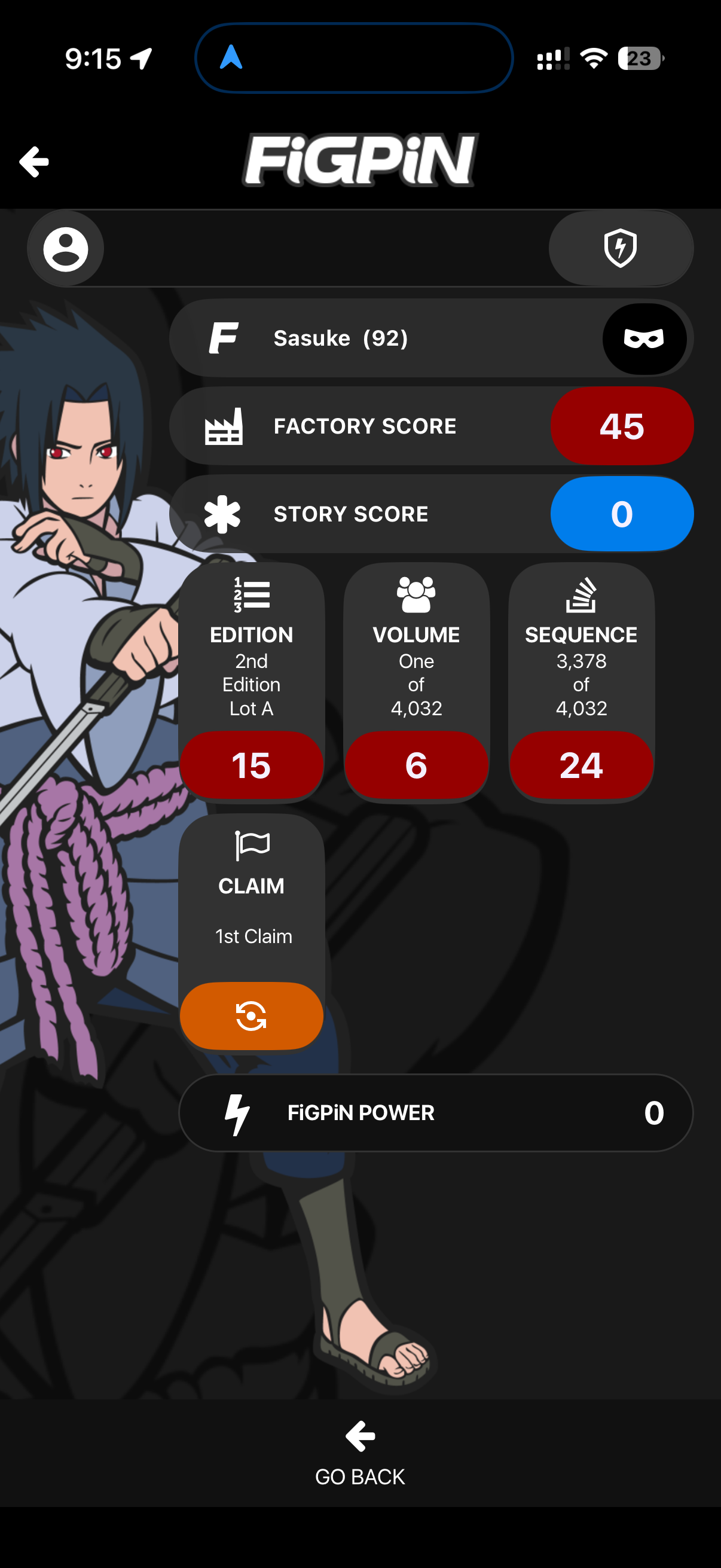 Screenshot of FiGPiN app interface showing serial number for Sasuke Uchiha #92