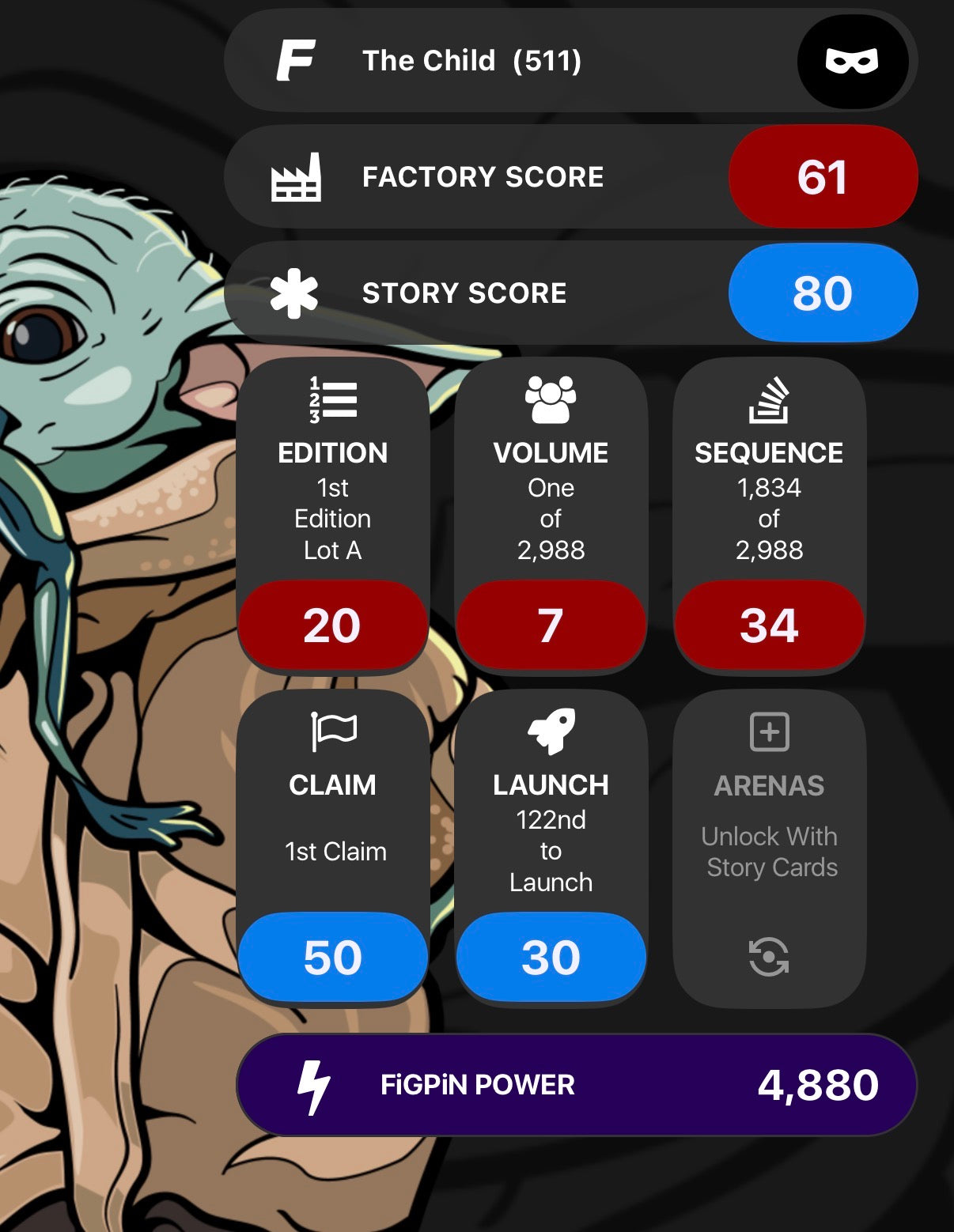 Screenshot of FiGPiN app interface showing serial number entry for The Child Grogu #511