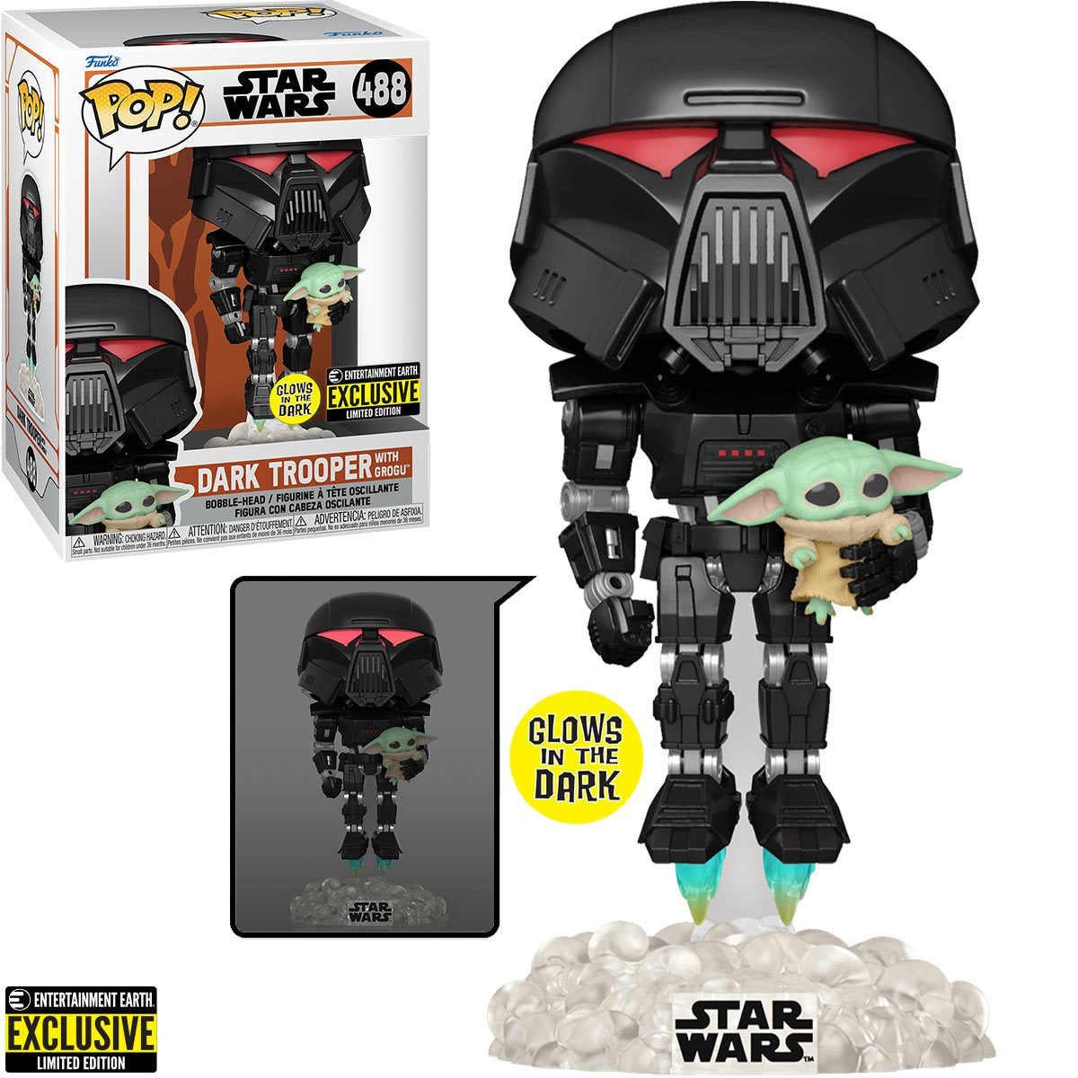 Funko Star Wars The Mandalorian Dark Trooper with Grogu Glow-in-the-Dark Pop! Vinyl Figure Entertainment Earth Exclusive