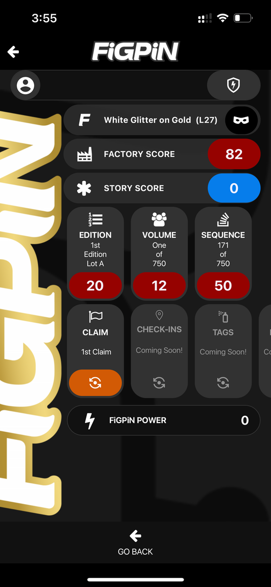 Screenshot of FiGPiN app interface showing serial number entry and pin verification for FiGPiN Logo Pin L27