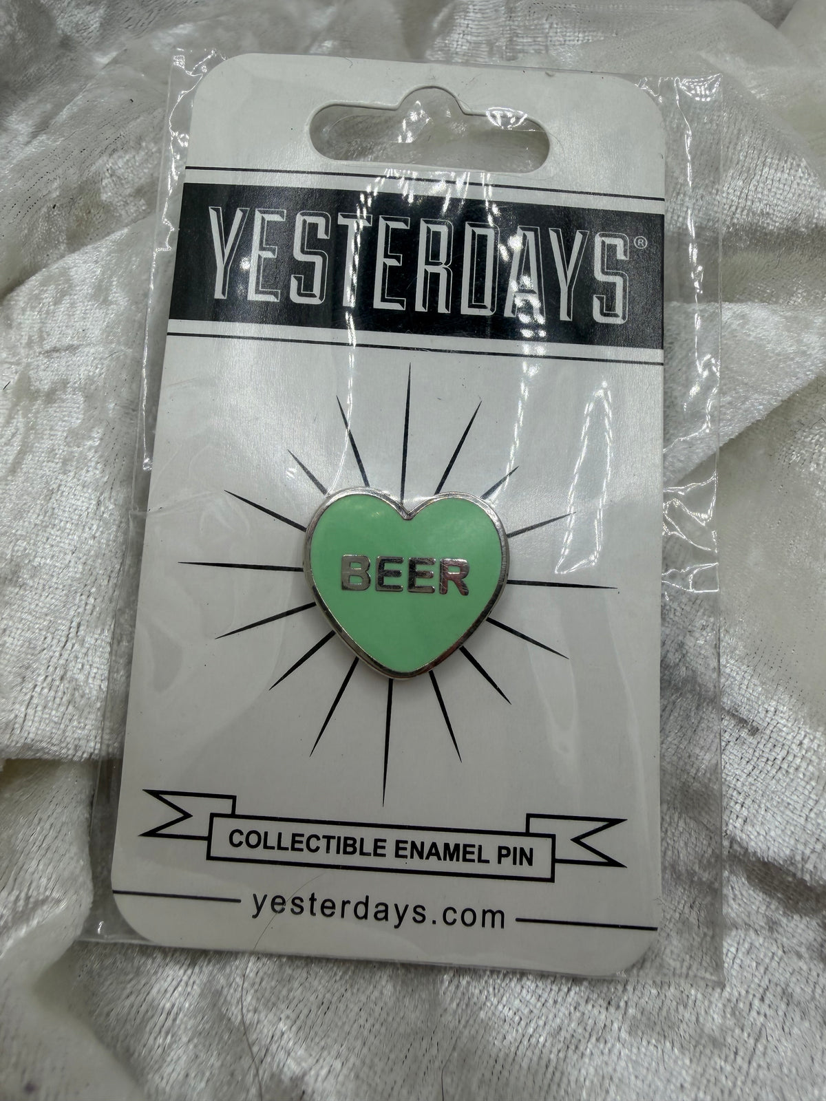 0.75 inch hard enamel polished silver plated lapel pin beer inside candy heart single post black rubber backer