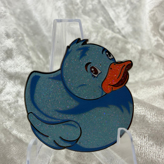 1.5 inch blue glitter duck enamel pin designed by Bendiesticks, ultra limited edition of 10.