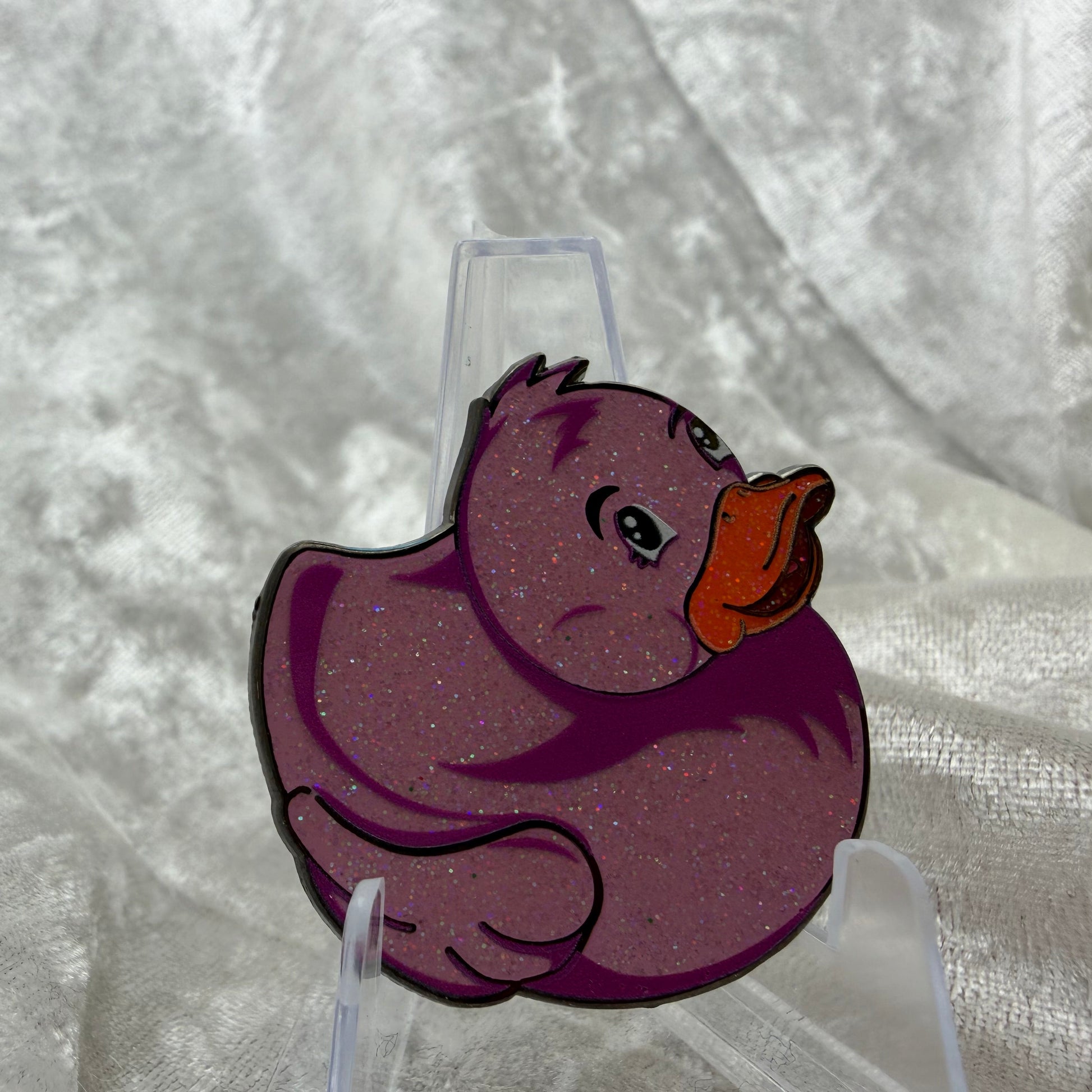 1.5 inch pink glitter duck enamel pin designed by Bendiesticks, ultra limited edition of 10.