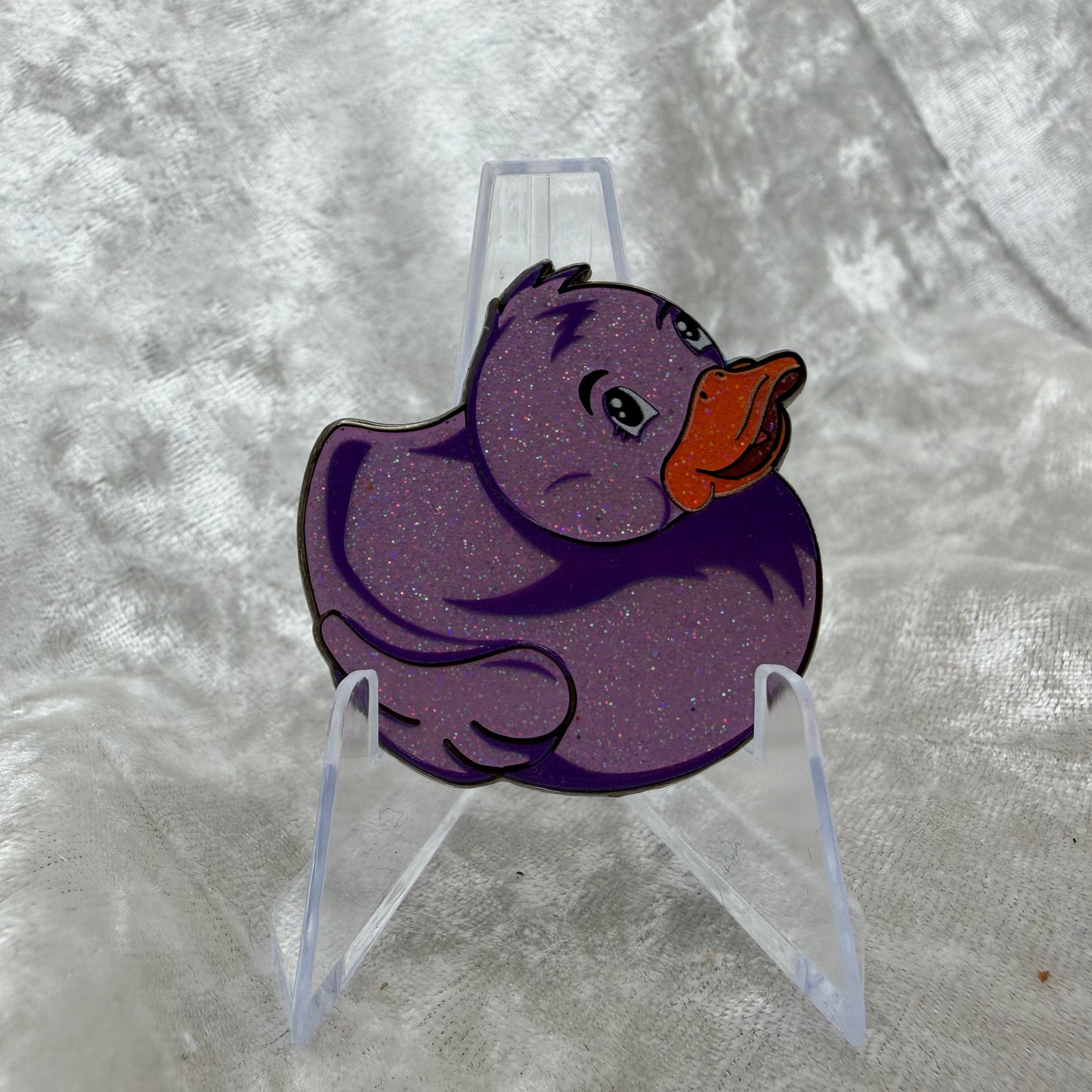 1.5 inch purple glitter duck enamel pin designed by Bendiesticks, ultra limited edition of 10.