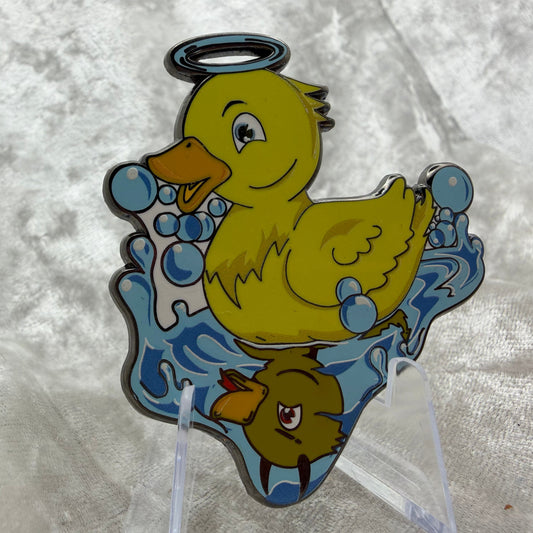 2 inch Reflections Good vs Evil duck enamel pin designed by Bendiesticks, limited edition of 50.