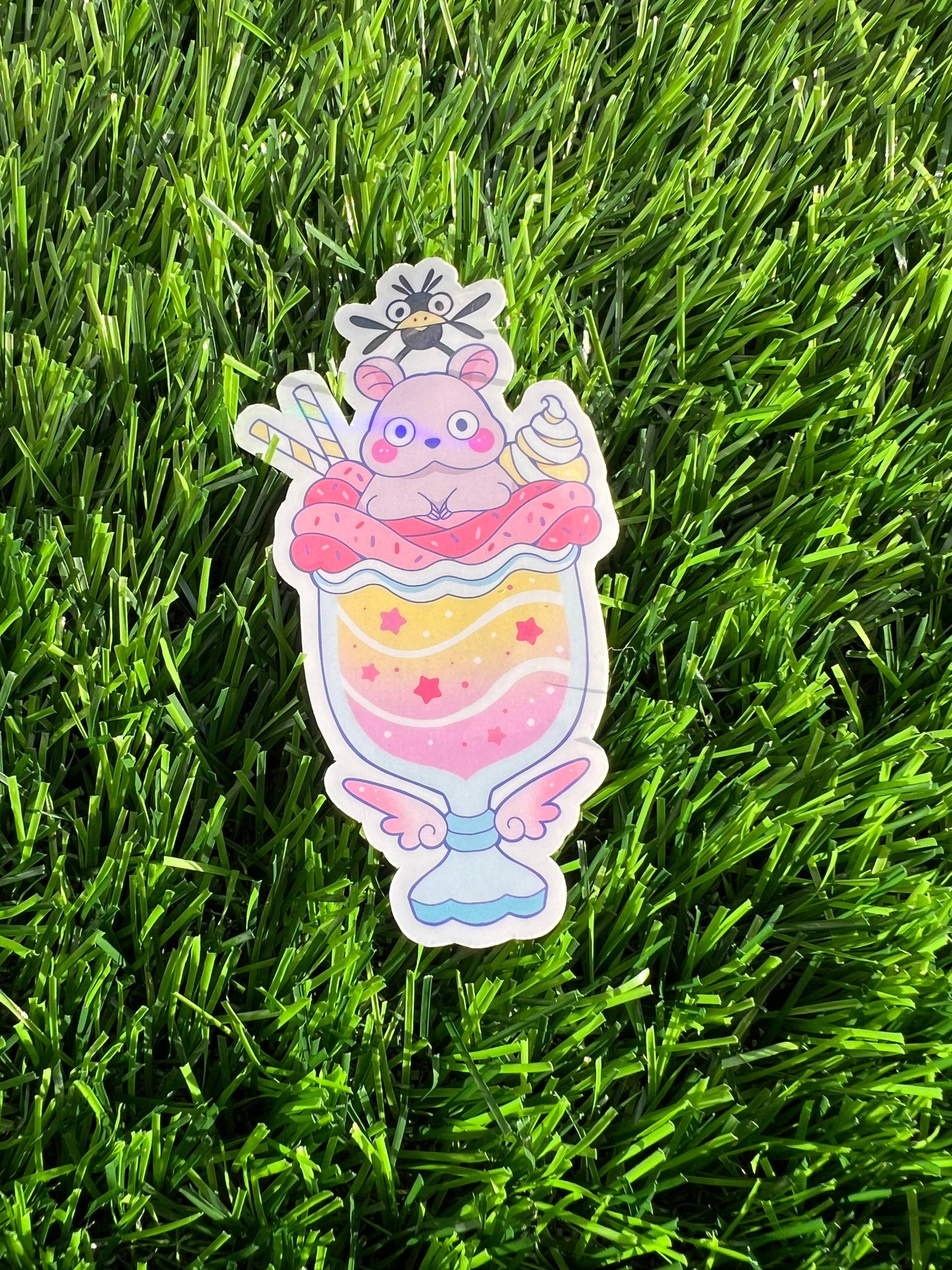 Rainbow Holo Studio Snacks Mouse & Bird Vinyl Sticker - 2.5" Cozy Decal