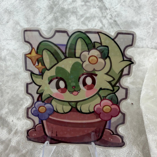 A pastel cat Poke stamp vinyl sticker with a plant design, featuring a sparkling star holographic laminate finish 