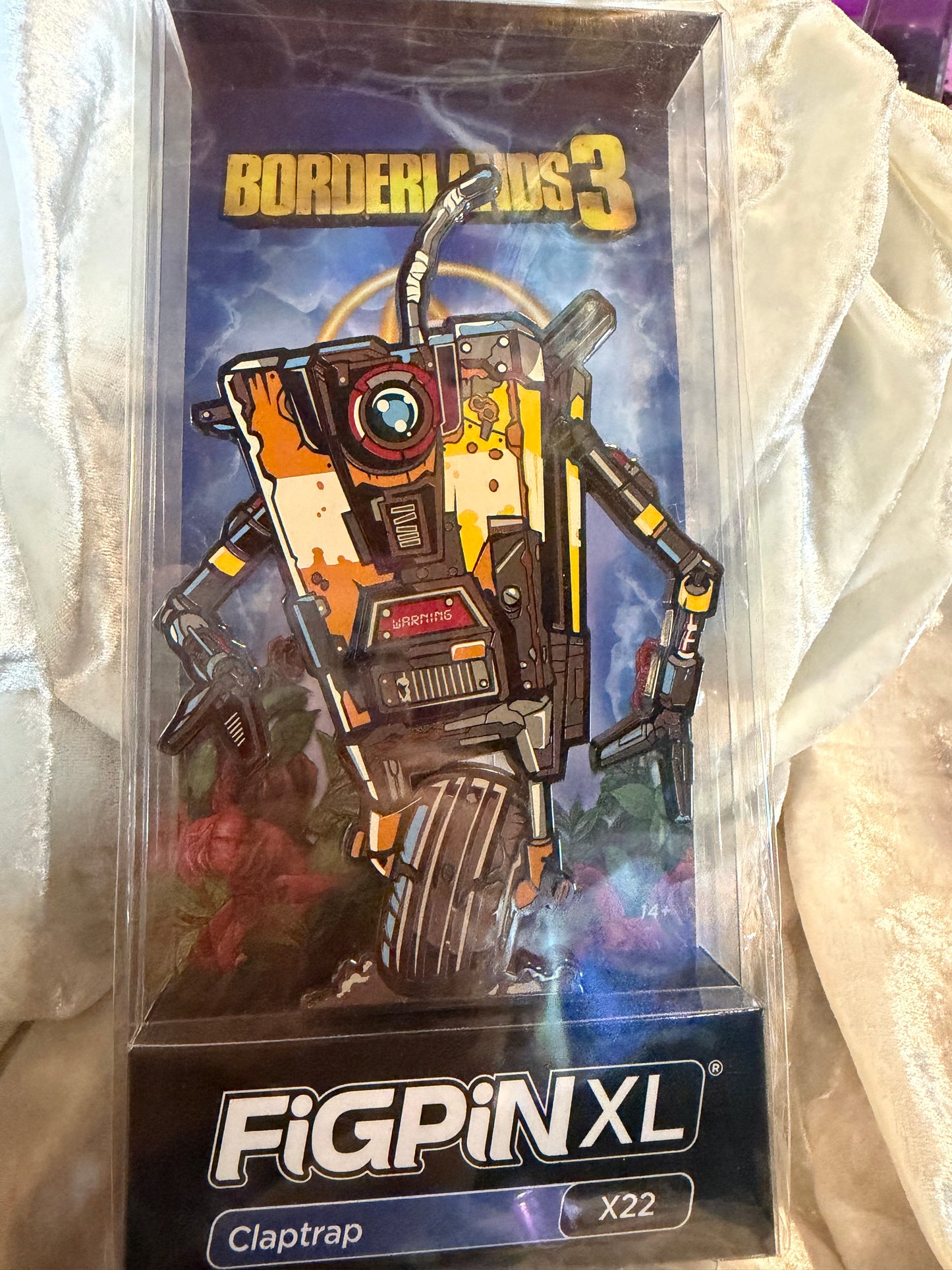 Claptrap FiGPiN XL #X22 Borderlands 3 6-inch premium hard enamel collectible pin in soft plastic display box with character art card
