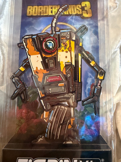 Close-up of Borderlands 3 Claptrap FiGPiN XL #X22 in soft plastic display box, officially licensed gaming collectible