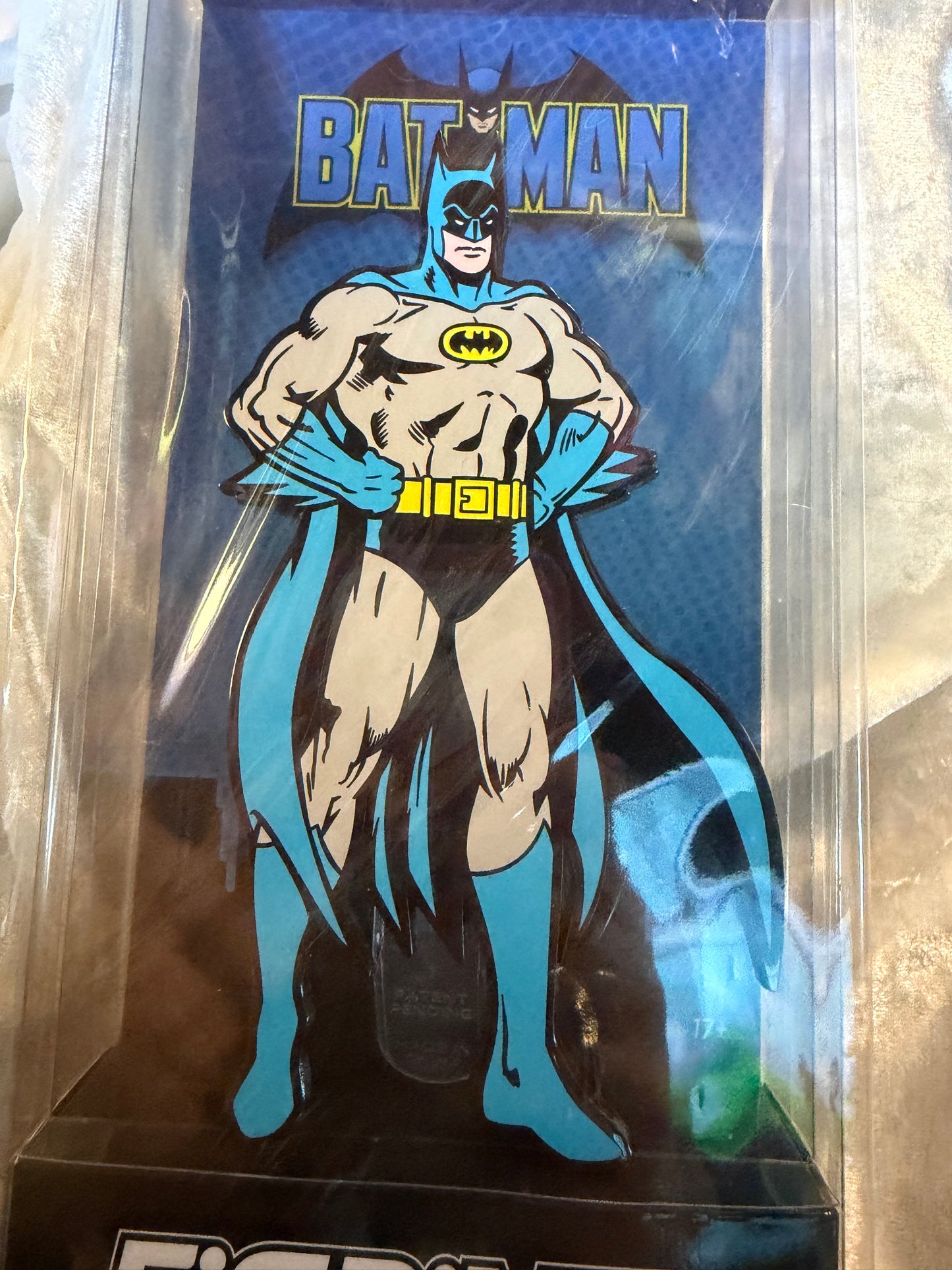 Close-up of DC Classic Comic TV Show Batman FiGPiN XL #X34 LE 1000 in soft plastic display box, officially licensed collectible