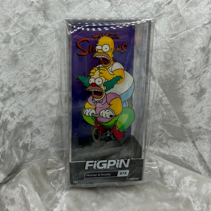 Close-up of FiGPiN 875 featuring Homer Simpson and Krusty the Clown hard enamel limited edition pin.