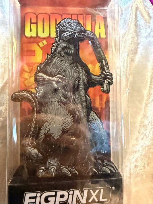 Close-up of King of the Monsters Godzilla FiGPiN XL #X39 in soft plastic display box, officially licensed collectible