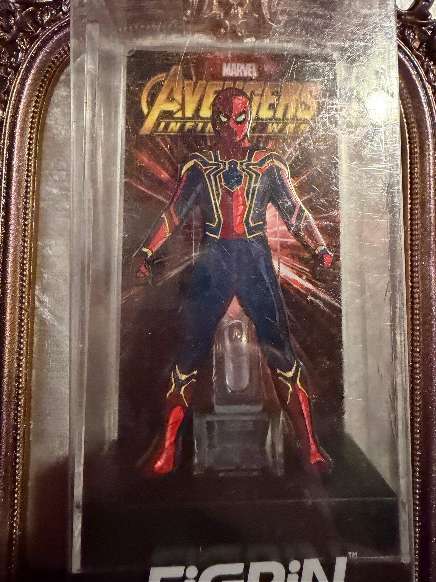 Close-up of Marvel Avengers Infinity War Iron Spider FiGPiN #111, officially licensed enamel pin (pin in fine condition)