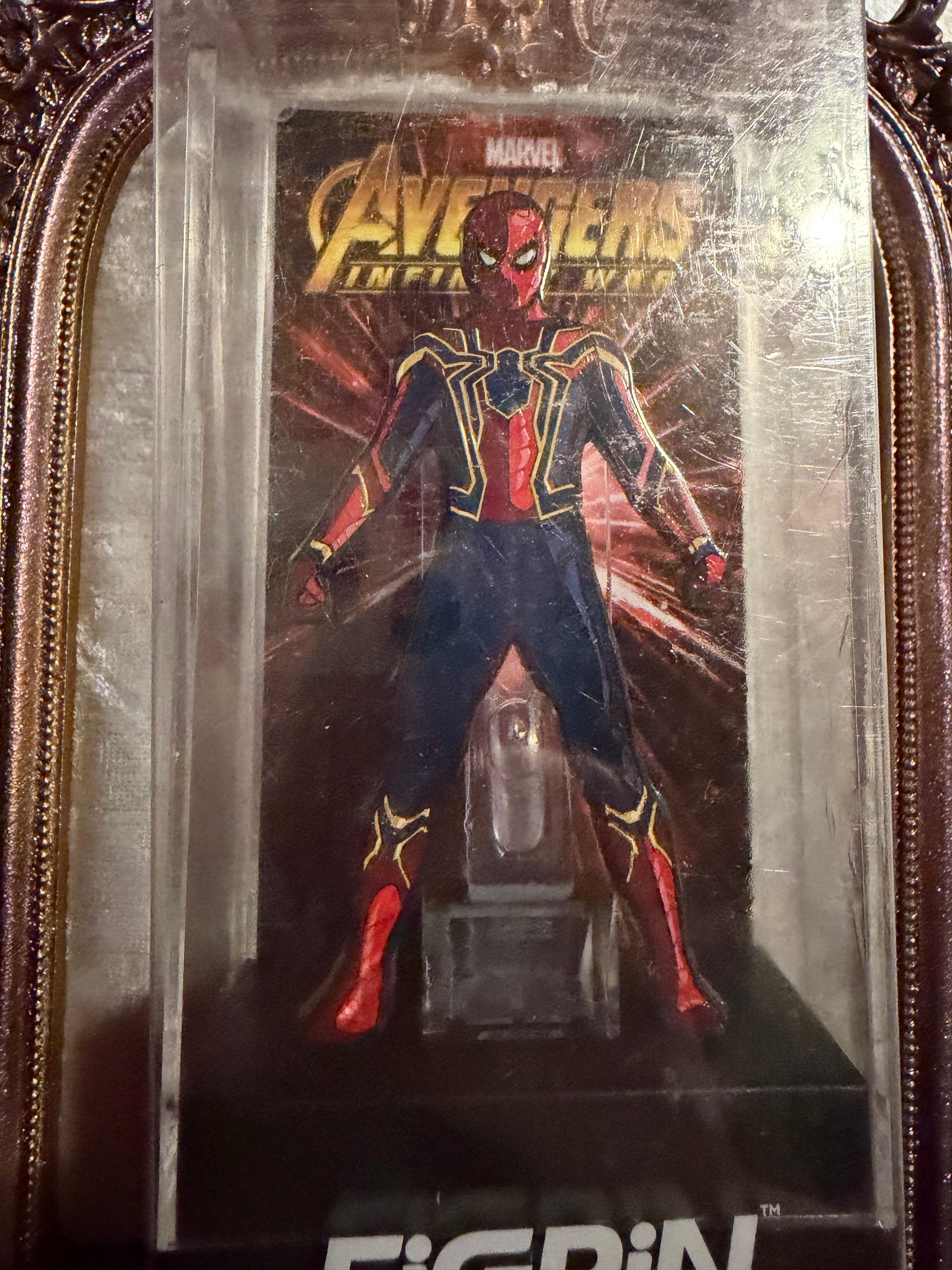 Close-up of Marvel Avengers Infinity War Iron Spider FiGPiN #111, officially licensed enamel pin (pin in fine condition)