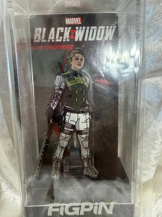 Close-up of Marvel Black Widow Yelena Belova FiGPiN #400, officially licensed FiGPiN Exclusive enamel pin