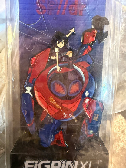 Close-up of Marvel Spider-Man Peni Parker FiGPiN XL #X30 in soft plastic display box, officially licensed collectible