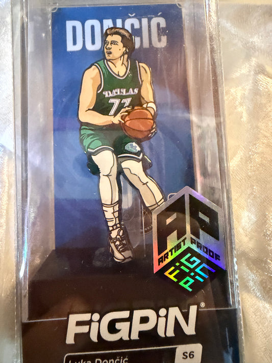 Close-up of NBA Luka Dončić Dallas Mavericks FiGPiN #S5 Artist Proof, officially licensed extremely rare enamel pin