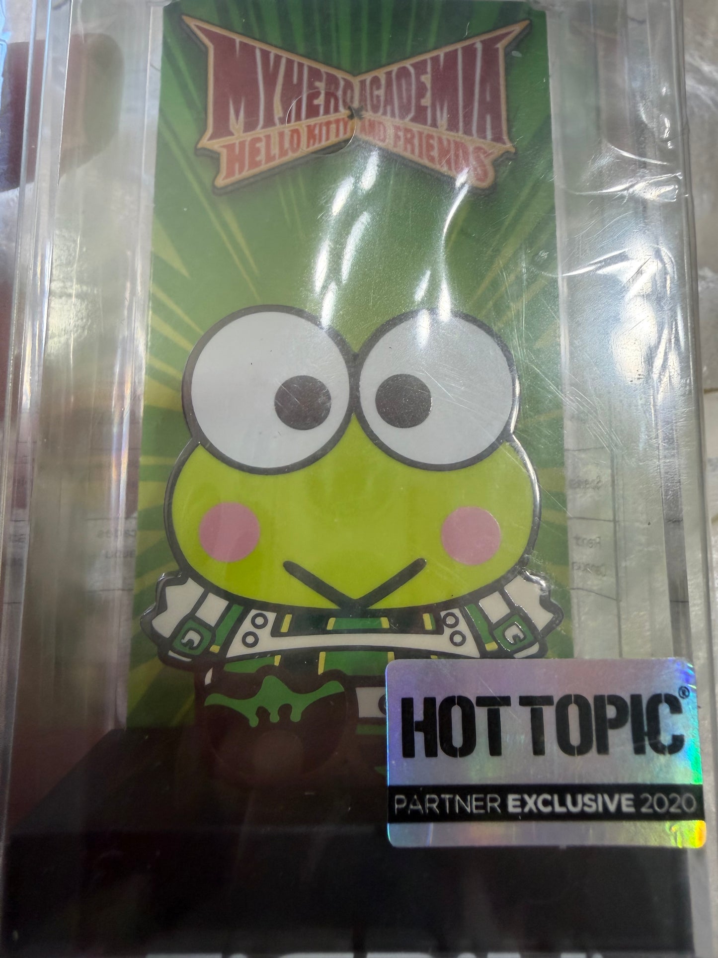Close-up of Sanrio Keroppi as Tsuyu Asui My Hero Academia FiGPiN #394, officially licensed exclusive enamel pin