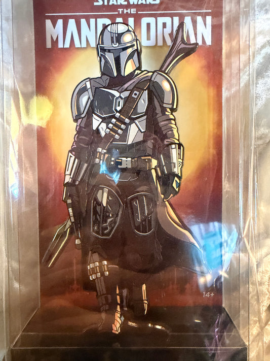 Close-up of Star Wars The Mandalorian FiGPiN XL #X60 in soft plastic display box, officially licensed collectible