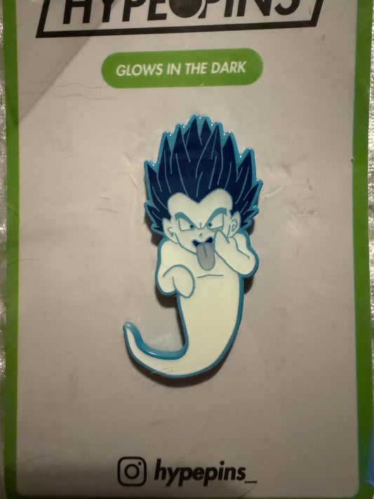 Close-up of the **Gotenks Ghost Bomb Hard Enamel Pin**, highlighting its blue dye soft enamel, epoxy coat, and **glow-in-the-dark** features. A detailed Dragon Ball Z collectible by Hype Pins.