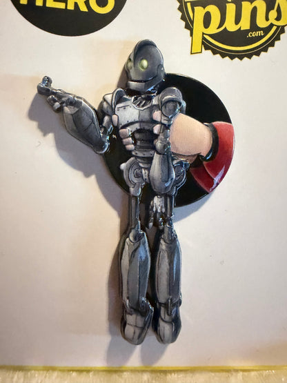 Close-up of the Iron Giant collectible pin showing intricate 3D molding and UV print details.