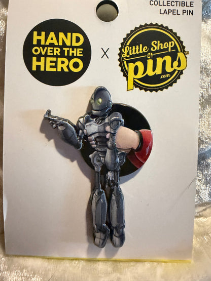 Detail shot of the Iron Giant collaboration pin by Little Shop Of Pins and Hand Over the Hero.