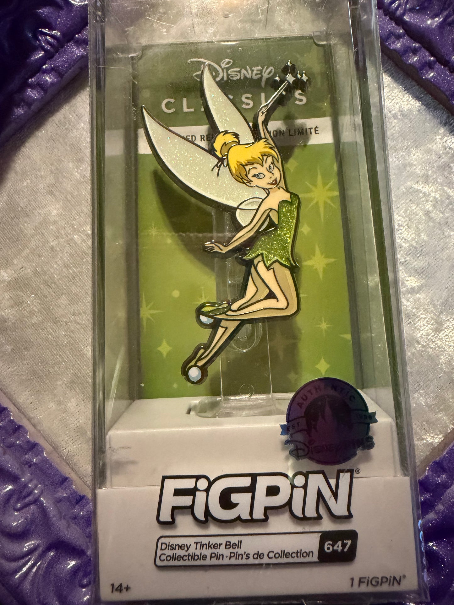 Disney Parks 2022 Tinker Bell FiGPiN 647 Limited Release enamel pin in protective display case.