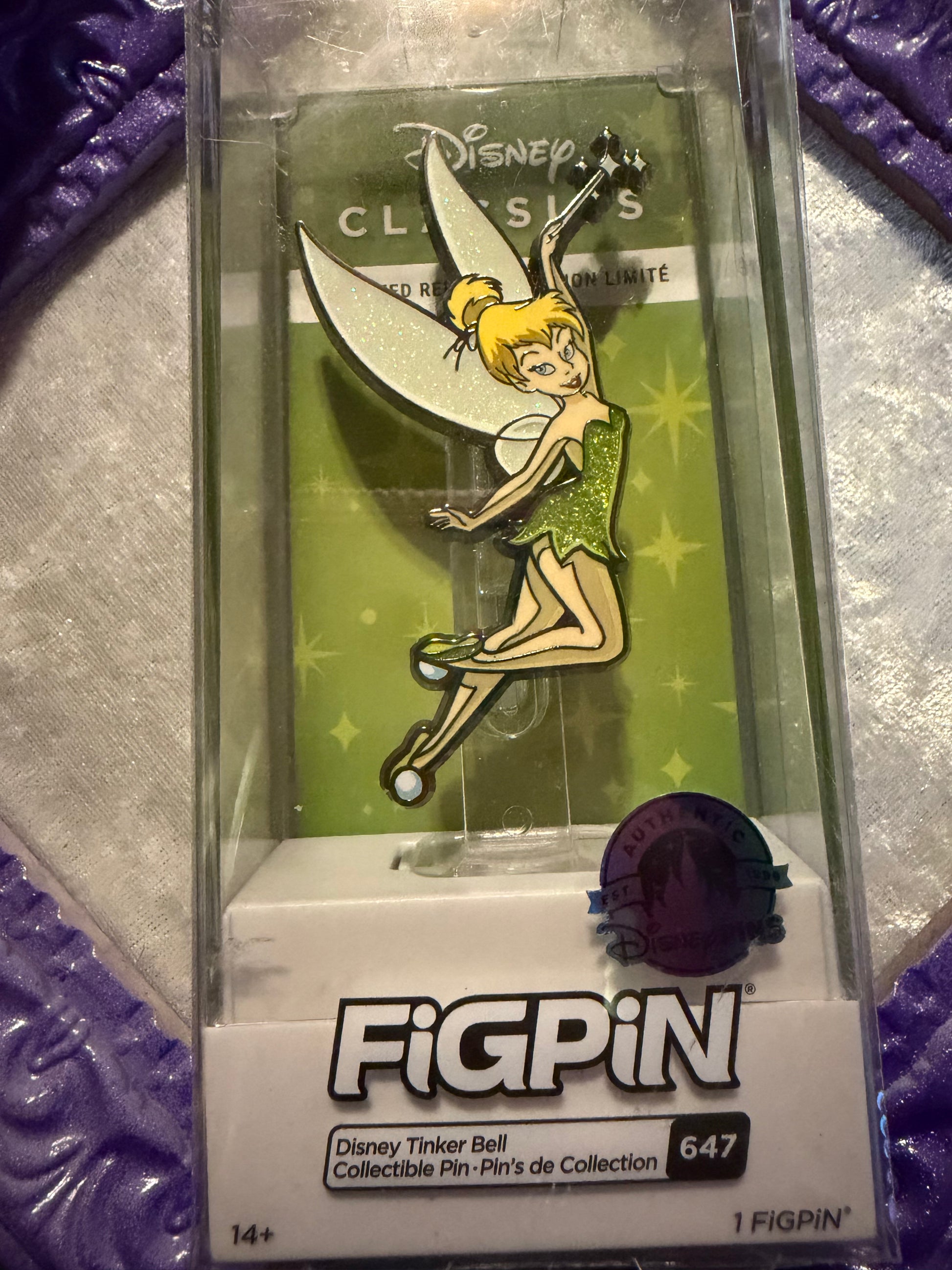 Disney Parks 2022 Tinker Bell FiGPiN 647 Limited Release enamel pin in protective display case.