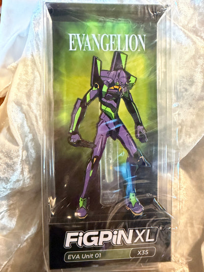 EVA Unit 01 FiGPiN XL #X35 Neon Genesis Evangelion 6.25-inch premium enamel pin in soft plastic display box with character art card