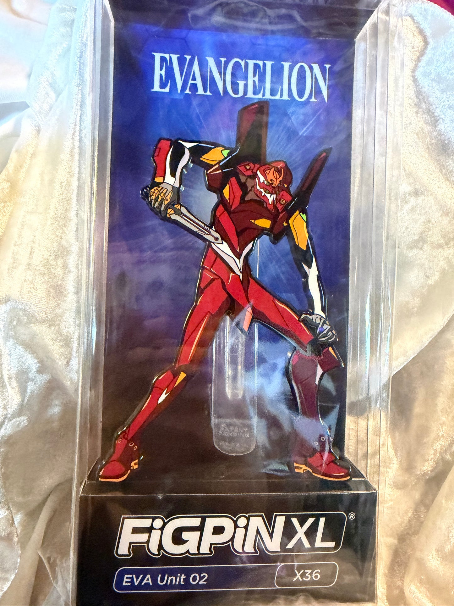 EVA Unit 02 FiGPiN XL #X36 Neon Genesis Evangelion 6.25-inch premium enamel pin in soft plastic display box with character art card