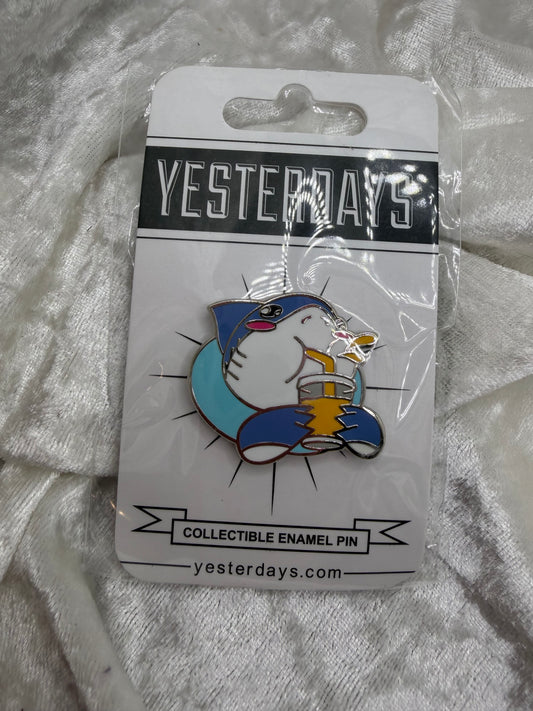 Fan made Jeff the Land Shark Emote 1.30 inch hard enamel nickel plated lapel pin drinking from a straw Yesterdays Pins