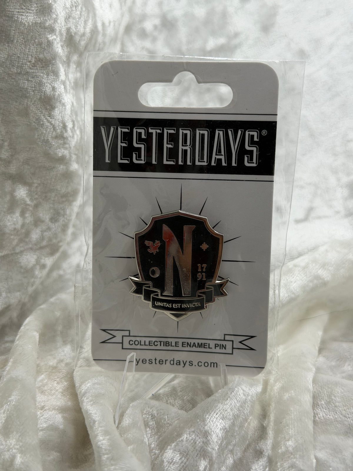 Fan made by Yesterdays Pins 1.25 inch hard enamel silver plated lapel pin Nevermore Academy from Netflix Wednesday black rubber backer