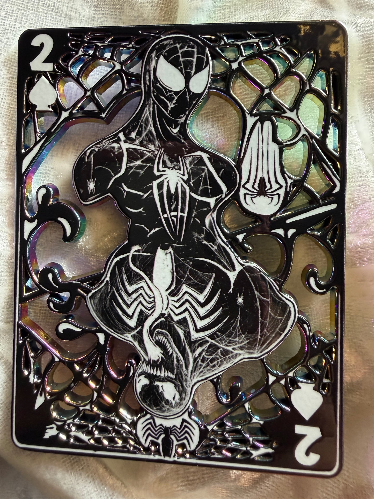 Front view of the Spider-Man Venom Card Mashup LE 40 fan-made enamel pin by Bendiesticks. Shows the full 2.5x3.5-inch design featuring Spider-Man and Venom in a dynamic card art style.