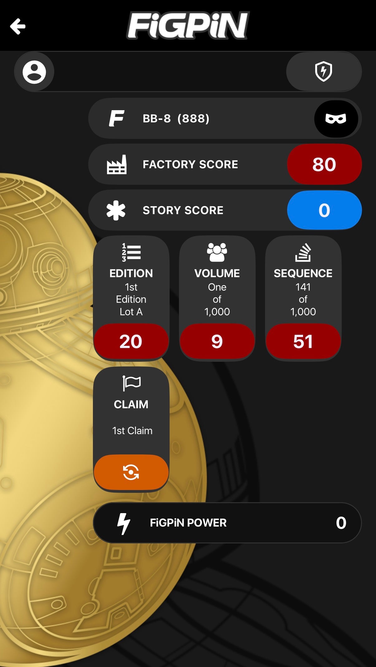 FiGPiN Star Wars BB-8 Gold Variant #888 Limited Edition 1000 (Locked)