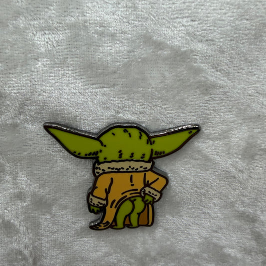 Funny baby green alien butt parody enamel pin by artist Brian Cook from Hatcher's Collectibles
