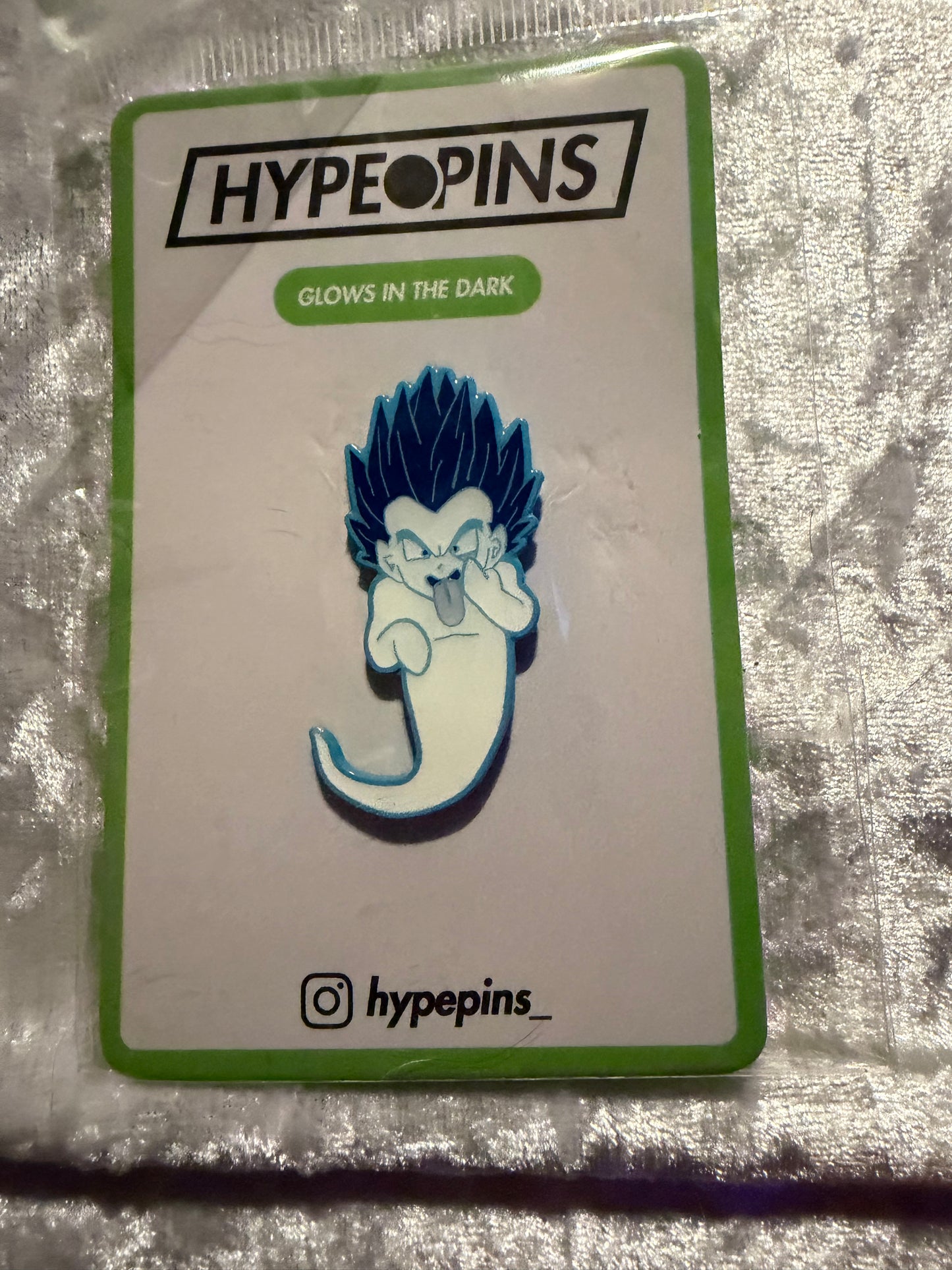 Gotenks Ghost Bomb **glow-in-the-dark** Hard Enamel Pin by Hype Pins, a vibrant Dragon Ball Z collectible featuring Gotenks' iconic ghost bomb.