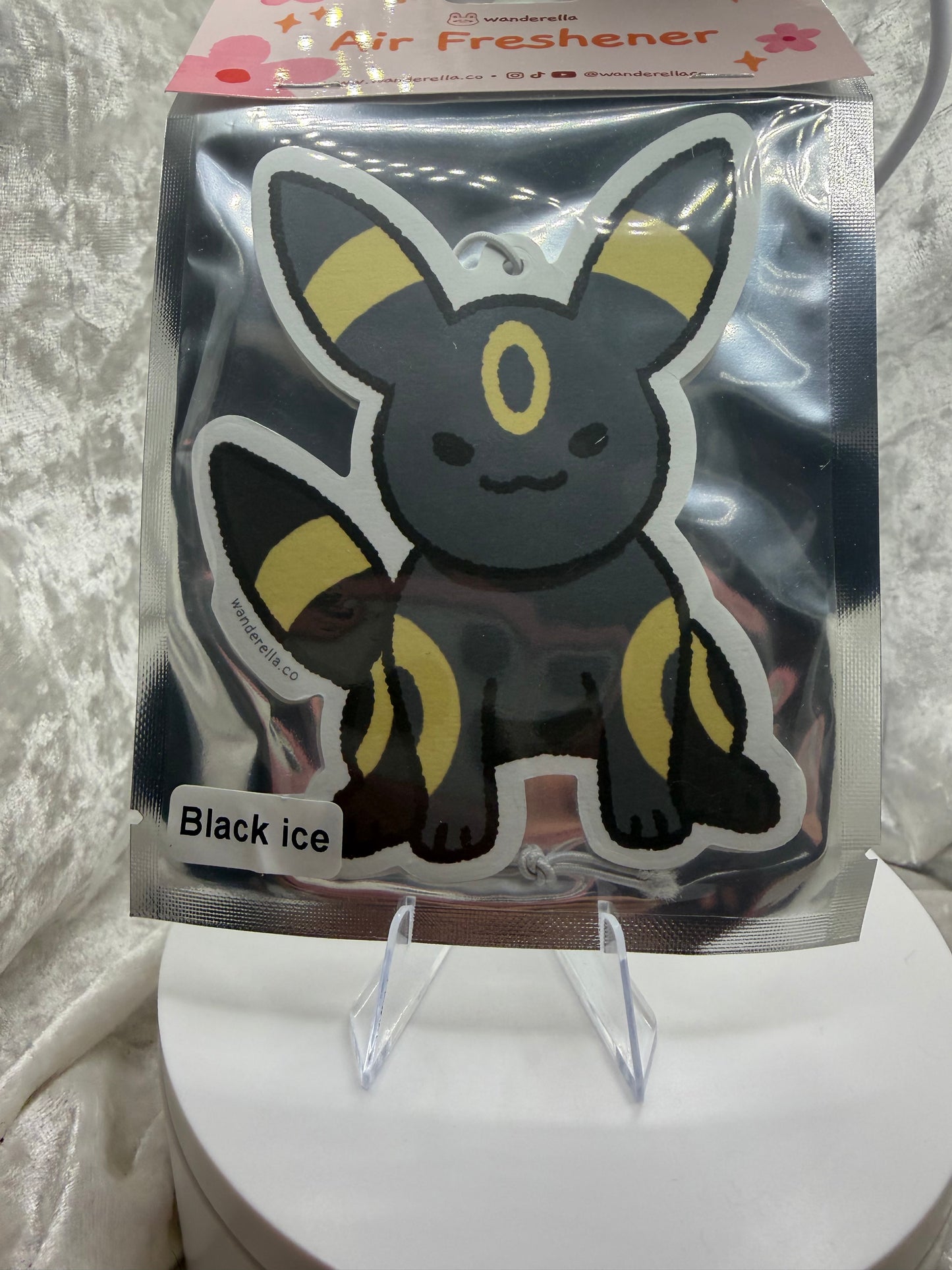 Hand drawn cute elemental fox car air freshener with black ice scent