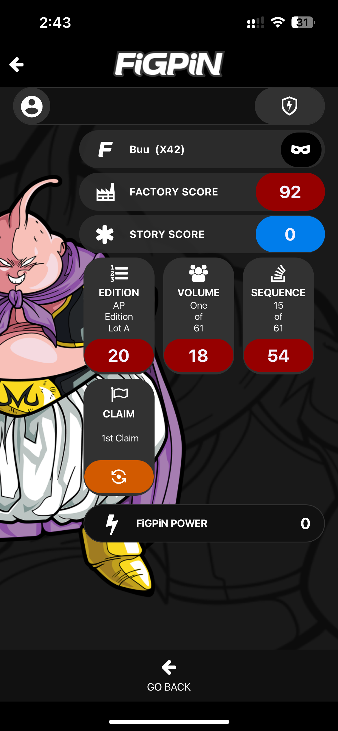 Figpin Buu #X42 Dragonball Z Ap Artist Proof XL