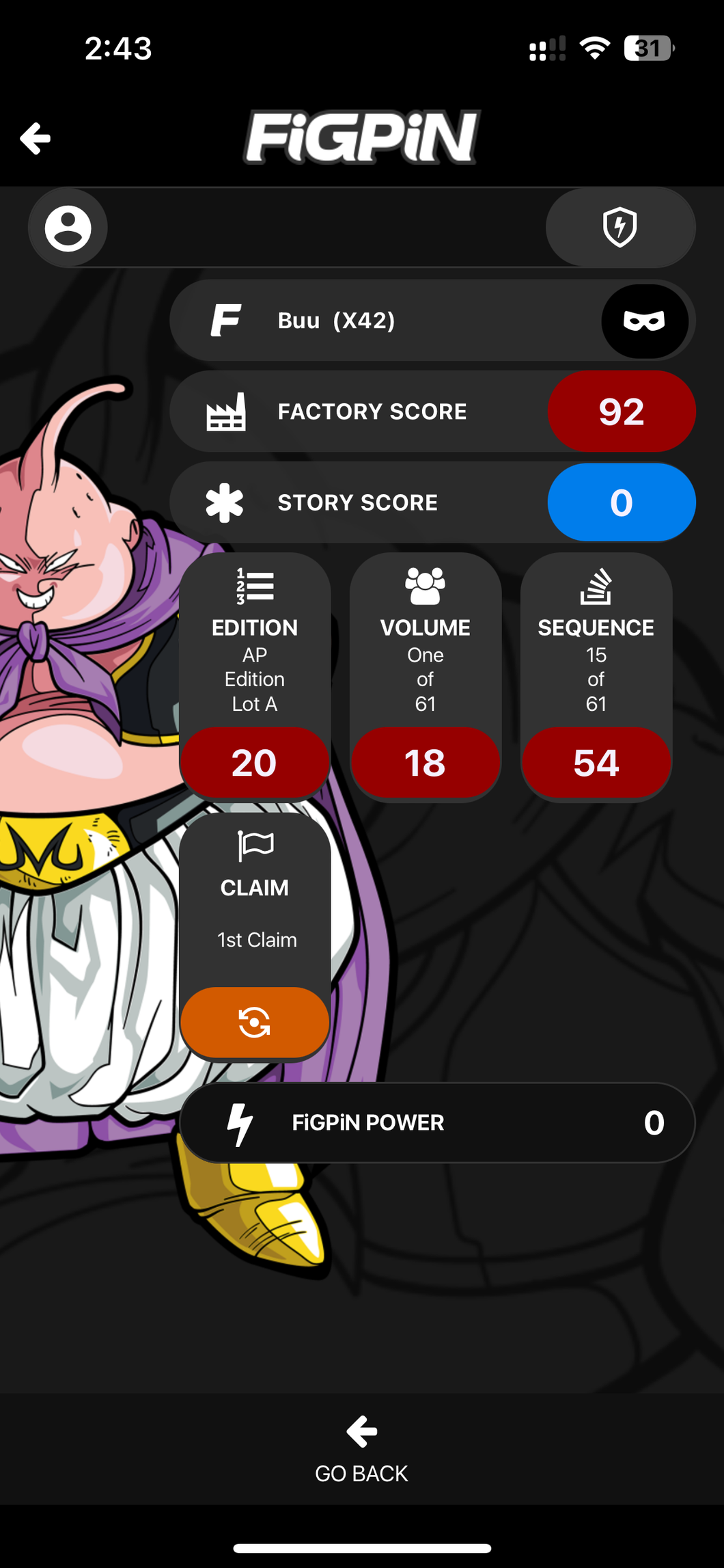 Figpin Buu #X42 Dragonball Z Ap Artist Proof XL