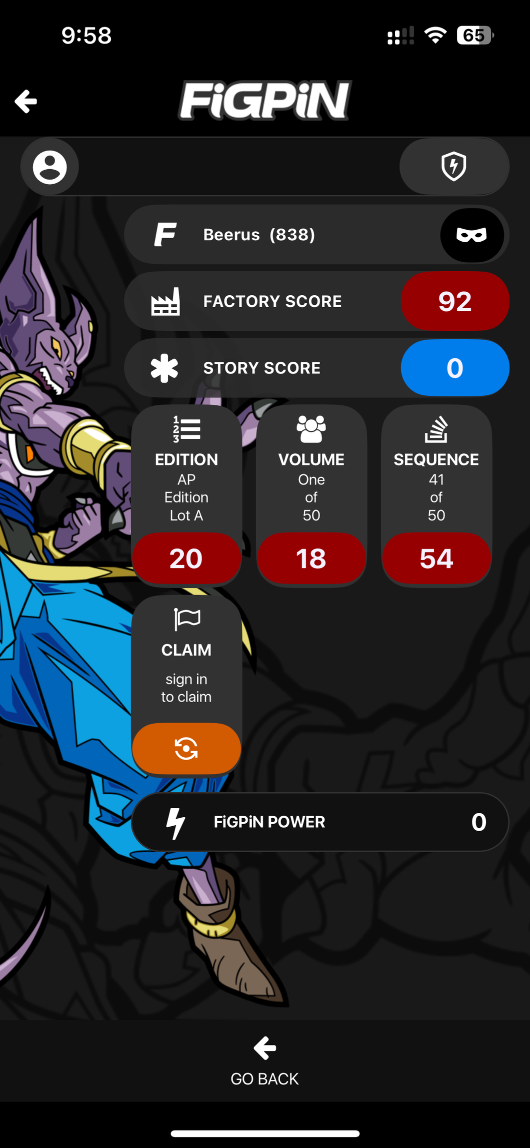 FiGPiN Beerus #838 AP ARTIST PROOF Dragonball Super Metal Pin