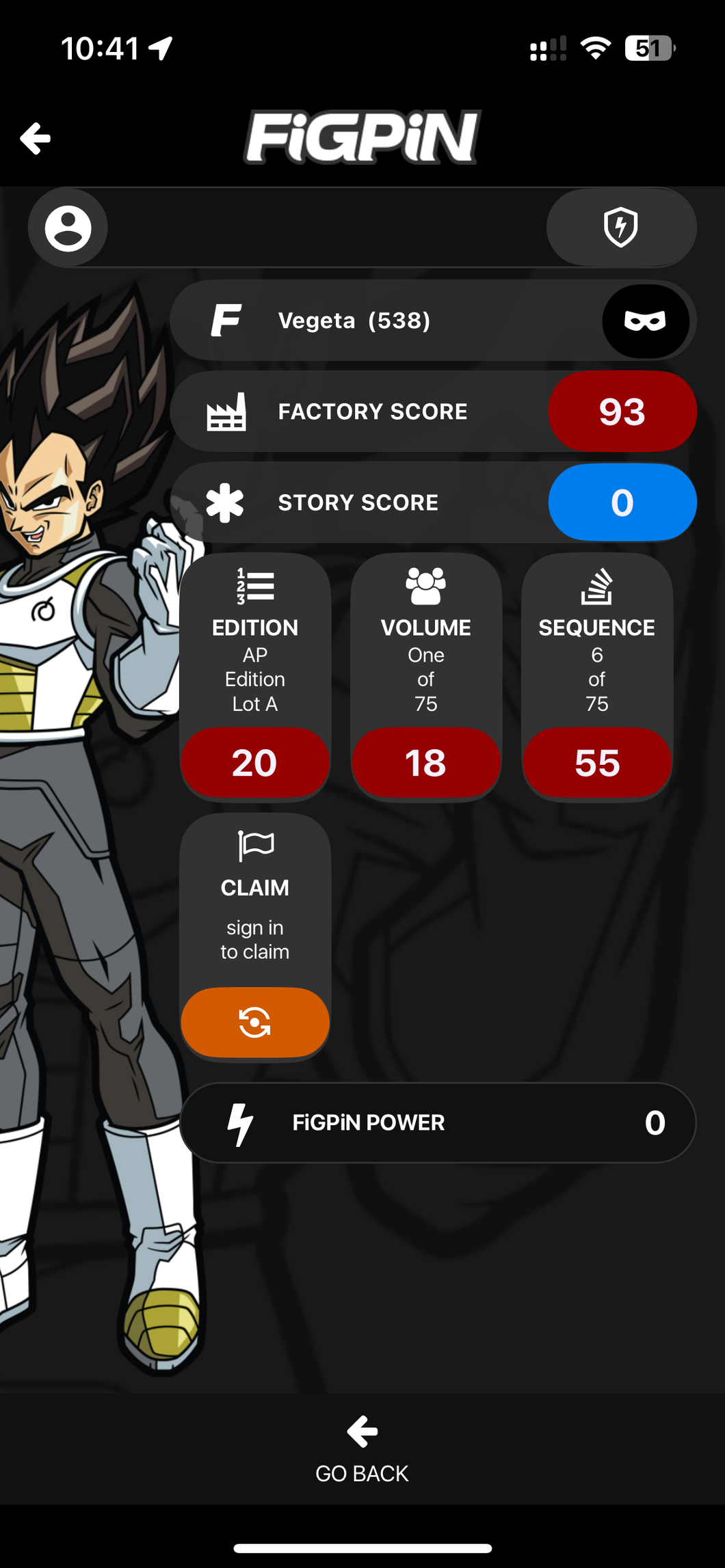 FiGPiN Vegeta 538 Dragon Ball Super Ap Artist Proof
